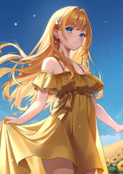 Rule 34 | 1girl, bare shoulders, blonde hair, blue sky, blush, breasts, brown dress, closed mouth, commentary request, day, dress, field, fingernails, flower, flower field, frilled dress, frills, fujishiro kokoa, hair flower, hair intakes, hair ornament, highres, long hair, looking at viewer, medium breasts, nail polish, off-shoulder dress, off shoulder, original, outdoors, skirt hold, sky, solo, sunflower, very long hair, white flower, yellow flower