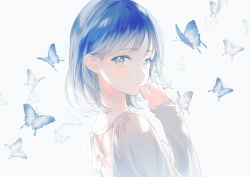 Rule 34 | 1girl, animal, backless outfit, blue butterfly, blue eyes, blue hair, blue theme, bug, butterfly, closed mouth, gomzi, hair behind ear, hand to own mouth, insect, long sleeves, looking at viewer, original, short hair, simple background, solo, white background