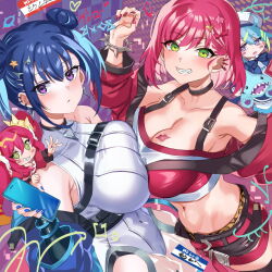 4girls blue_hair blue_jacket breast_press breasts cellphone cleavage covered_navel crop_top double_bun duel_monster evil_twin_ki-sikil evil_twin_lil-la green_eyes hair_bun highres hikari_(komitiookami) holding holding_phone jacket ki-sikil_(yu-gi-oh!) large_breasts leotard lil-la_(yu-gi-oh!) live_twin_ki-sikil live_twin_lil-la looking_at_viewer midriff multiple_girls navel phone pink_hair pink_jacket purple_eyes smartphone smile symmetrical_docking white_leotard yu-gi-oh!