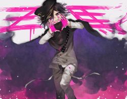 Rule 34 | 1boy, black cape, black hair, black hat, blood, blood on clothes, blood on hands, cape, checkered clothes, checkered scarf, danganronpa (series), danganronpa v3: killing harmony, grin, hair between eyes, hat, heart, heart hands, highres, long sleeves, looking at viewer, male focus, multicolored hair, oma kokichi, pink blood, purple cape, purple eyes, purple hair, scarf, smile, solo, straitjacket, zaso