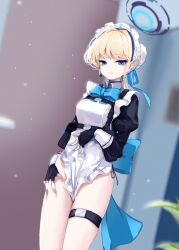 Rule 34 | 1girl, absurdres, blonde hair, blue archive, blue eyes, blurry, blurry background, bow, bowtie, highres, maid, maid headdress, sstthei, thighs, toki (blue archive)