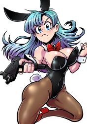 Rule 34 | 1girl, absurdres, aiming, aiming at viewer, alternate costume, animal ears, bare shoulders, black leotard, blue eyes, blue hair, bow, bowtie, breasts, brown pantyhose, bulma, captainanaugi, cleavage, clenched hand, covered navel, curvy, detached collar, dragon ball, fake animal ears, female focus, frown, gun, high heels, highres, large breasts, leotard, long hair, looking at viewer, machine pistol, pantyhose, playboy bunny, rabbit ears, rabbit tail, red footwear, shiny skin, solo, strapless, strapless leotard, submachine gun, tail, uzi, weapon, wrist cuffs