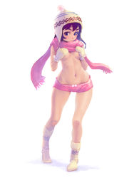 Rule 34 | 1girl, beanie, breasts, covering privates, covering breasts, full body, hat, hip focus, looking at viewer, mittens, navel, pink scarf, scarf, short shorts, shorts, simple background, socks, solo, standing, topless, weno, white background, wide hips
