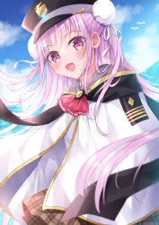 Rule 34 | 1girl, :d, black hat, blue sky, blush, brown skirt, capelet, cloud, commentary request, day, floating hair, hat, heaven burns red, highres, horizon, kohinata hoshimi, kunimi tama, long hair, looking at viewer, ocean, open mouth, outdoors, peaked cap, pink hair, plaid, plaid skirt, purple eyes, shirt, skirt, sky, smile, solo, very long hair, water, white capelet, white shirt