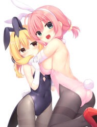 Rule 34 | 2girls, :d, ahoge, animal ears, aria (utsumire), arms around neck, ass, asymmetrical docking, back, backless leotard, bare shoulders, black pantyhose, blonde hair, blue leotard, blush, breast press, breasts, brown eyes, closed mouth, commentary, covered navel, cowboy shot, curvy, double-parted bangs, elbow gloves, fake animal ears, fake tail, furrowed brow, gloves, gluteal fold, green eyes, hair between eyes, hair over shoulder, hand on another&#039;s arm, head tilt, high heels, highres, hug, iroha (utsumire), large breasts, leotard, long hair, looking at viewer, medium hair, multiple girls, open mouth, original, pantyhose, pink hair, pink leotard, playboy bunny, rabbit ears, rabbit tail, red footwear, sideboob, simple background, small breasts, smile, standing, standing on one leg, symbol-only commentary, tail, thigh gap, thighband pantyhose, thighs, utsunomiya tsumire, white background, white gloves