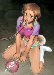 Rule 34 | 1girl, bang-you, bdsm, blush, bondage, bound, bowl, breasts, brown eyes, brown hair, cleavage, collar, covered erect nipples, cum, cum on floor, dog tags, dog tail, groin, heart, hino hinata, kneehighs, large breasts, leash, long hair, looking at viewer, mirai nikki, navel, no pants, no shoes, open mouth, panties, pet bowl, pet play, sidelocks, sitting, socks, solo, striped clothes, striped panties, tail, tan, underwear, v arms, viewer holding leash, wariza, white socks
