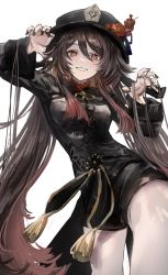Rule 34 | 1girl, black hat, black jacket, black nails, black shorts, breasts, brown hair, chinese clothes, claw pose, commentary, cowboy shot, flower, flower knot, gawako, genshin impact, gradient hair, hair between eyes, hand in own hair, hat, hat flower, highres, hu tao (genshin impact), jacket, jewelry, long hair, looking at viewer, medium breasts, multicolored hair, multiple rings, nail polish, orange eyes, parted lips, plum blossoms, porkpie hat, red hair, red shirt, ring, shirt, short shorts, shorts, simple background, smile, solo, standing, tangzhuang, tassel, thighs, twintails, two-tone hair, very long hair, white background