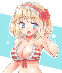 Rule 34 | 1girl, :d, alice margatroid, arnest, bare arms, bare shoulders, bikini, blonde hair, blue background, blue eyes, blush, breasts, commentary request, flower, frilled hairband, frills, front-tie bikini top, front-tie top, hair flower, hair ornament, hairband, halterneck, hand up, hibiscus, large breasts, lolita hairband, looking at viewer, open mouth, outline, red flower, red hairband, short hair, sidelocks, smile, solo, stomach, striped bikini, striped clothes, swimsuit, touhou, two-tone background, upper body, v, white background, white outline