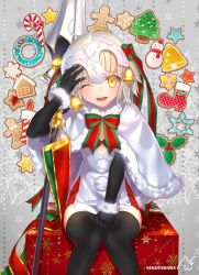 Rule 34 | + +, 1girl, :3, artist name, bad id, bad pixiv id, bell, between legs, black thighhighs, blonde hair, blush, bra, candy, candy cane, christmas, cookie, fate/grand order, fate (series), food, gift, gingerbread cookie, gingerbread man, hand between legs, hand on own head, headpiece, jam filled cookie, jeanne d&#039;arc (fate), jeanne d&#039;arc alter (fate), jeanne d&#039;arc alter santa lily (fate), knees together feet apart, lance, looking at viewer, mistletoe, navel, nekotawawa, one eye closed, open mouth, polearm, ribbon, short hair, sitting, smile, snowflakes, solo, thighhighs, thighs, underwear, weapon, yellow eyes