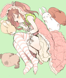 Rule 34 | 10s, 1girl, amezawa koma, bloomers, brown hair, closed eyes, dress, fetal position, green background, idolmaster, idolmaster cinderella girls, lying, ogata chieri, on side, pink dress, rabbit, simple background, sleeping, striped clothes, striped thighhighs, thighhighs, twintails, underwear, wings