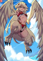 Rule 34 | 1girl, bare shoulders, bird legs, bird wings, black panties, blonde hair, bra, breasts, brown eyes, cameltoe, cloud, commentary, commission, english commentary, feathered wings, feathers, flying, gluteal fold, hair between eyes, hair ornament, hairclip, harpy, highres, long hair, looking at viewer, midriff, monster girl, monster musume no iru nichijou, navel, open mouth, panties, papi&#039;s mother, patreon username, red bra, revealing clothes, scales, sky, small breasts, solo, talons, teeth, thick thighs, thighs, underwear, upper teeth only, very long hair, winged arms, wings, xhaart, yellow feathers, yellow wings