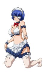 Rule 34 | 00s, 1girl, blue hair, bow, bowtie, bra, breasts, cleavage, clothes lift, eyepatch, female focus, frilled thighhighs, frills, full body, green eyes, highres, ikkitousen, kneeling, large breasts, maid headdress, mole, mole under mouth, nael, navel, neck garter, o-ring, o-ring top, parted lips, red bow, ryomou shimei, shiny skin, short hair, sideboob, simple background, skirt, skirt lift, solo, thighhighs, underwear, white background, white bow, white bra, white thighhighs, wrist cuffs