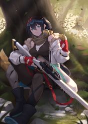 Rule 34 | 1girl, 1other, artist name, bare shoulders, black footwear, black hair, black pantyhose, blue eyes, boots, breasts, cecile (dragalia lost), commentary request, dragalia lost, fingerless gloves, forest, fur-trimmed jacket, fur trim, glint, gloves, hair between eyes, helm, helmet, hentaki, highres, holding, jacket, long sleeves, medium breasts, mole, mole under mouth, nature, off shoulder, open clothes, open jacket, outdoors, pantyhose, parted lips, puffy long sleeves, puffy sleeves, red gloves, shoe soles, sitting, solo focus, tree, watermark, web address, white jacket