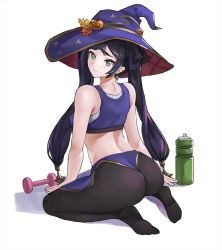 Rule 34 | 1girl, ass, bare shoulders, black pantyhose, blush, breasts, earrings, from behind, genshin impact, green eyes, hair ornament, hat, highres, jewelry, long hair, medium breasts, mona (genshin impact), pantyhose, parted lips, purple hair, shiny skin, sideboob, sitting, smile, solo, tommy (kingdukeee), twintails, very long hair, wariza