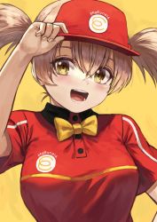 1girl, :d, adjusting clothes, adjusting headwear, arm up, bangs, blush, bow, breasts, brown eyes, brown hair, clothes writing, commentary request, employee uniform, eyebrows visible through hair, fagi (kakikaki), fast food uniform, hat, hataraku maou-sama!, large breasts, looking at viewer, open mouth, polo shirt, ponytail, red headwear, round teeth, sasaki chiho, short hair, short sleeves, short twintails, smile, solo, teeth, twintails, uniform, upper body, visor cap, yellow background, yellow bow