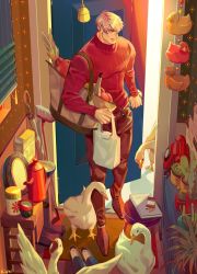 Rule 34 | 1boy, bag, bell, bird, broom, commentary request, door, highres, long sleeves, male focus, mature male, muscular, muscular male, original, pants, red sweater, shoes, shopping bag, solo, swan, sweater, ueno kishi