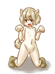Rule 34 | 1girl, animal ears, black eyes, blush, boots, brown hair, cleft of venus, dog ears, dog tail, fang, female focus, flat chest, kneeling, navel, nipples, nude, open mouth, original, paw pose, pet play, pussy, rountain, shadow, short hair, simple background, solo, tail, thighs, uncensored, white background