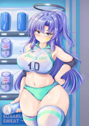 Rule 34 | 1girl, absurdres, alternate costume, black bra, black panties, blue archive, blue eyes, blush, bra, bra visible through clothes, breasts, buruma, can, commentary request, curvy, drink can, green buruma, halo, halter shirt, halterneck, hand on own hip, highres, holding, holding can, large breasts, long hair, looking at viewer, mechanical halo, navel, panties, panties under buruma, purple hair, see-through, shirt, sidelocks, solo, standing, star sticker, sticker on face, thick thighs, thighhighs, thighs, tong shui, two side up, underwear, vending machine, wet, wet clothes, wet shirt, white shirt, white thighhighs, wide hips, yuuka (blue archive)