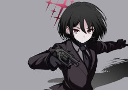 Rule 34 | alternate costume, black gloves, black hair, black necktie, black suit, blue archive, closed mouth, ear piercing, earrings, formal, generic 33, gloves, grey background, grey shirt, gun, halo, handgun, highres, holding, holding gun, holding weapon, jewelry, mask, misaki (blue archive), mouth mask, necktie, piercing, red eyes, revolver, shadow, shirt, short hair, simple background, standing, suit, upper body, weapon