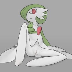 Rule 34 | 1girl, arm support, ass, clitoris, collarbone, creatures (company), full body, game freak, gardevoir, gen 3 pokemon, green hair, grey background, hair over one eye, navel, nintendo, pokemon, pokemon (creature), pokemon rse, pussy, red eyes, short hair, simple background, sitting, solo, spread legs, uncensored, youjo modoki
