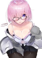 Rule 34 | 1girl, absurdres, bad id, bad twitter id, bare shoulders, black-framed eyewear, black pantyhose, blazer, blue eyes, blush, breasts, cleavage, collarbone, eyebrows, eyes visible through hair, fate/grand order, fate (series), from above, glasses, hair over one eye, hands in opposite sleeves, highres, jacket, kou mashiro, large breasts, leaning forward, long sleeves, looking at viewer, looking up, mash kyrielight, off shoulder, one eye closed, open mouth, pantyhose, pink hair, pleated skirt, purple eyes, short hair, signature, simple background, sitting, skirt, sleeves past wrists, solo, strap slip, wavy mouth, white background