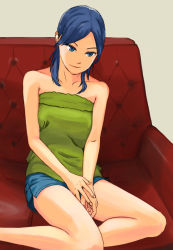 Rule 34 | 1girl, blue eyes, blue hair, blue shorts, chair, collarbone, green shirt, hands together, long hair, parted bangs, shirt, shorts, simple background, sitting, smile, solvalou, strapless