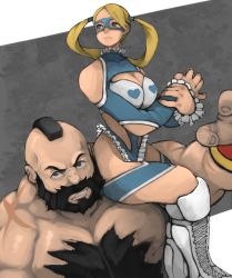 Rule 34 | 1boy, 1girl, bare shoulders, beard, black hair, blonde hair, blue eyes, boots, breasts, chest hair, cleavage, cleavage cutout, clothing cutout, domino mask, facial hair, flexing, highres, knee boots, large breasts, mask, mohawk, muscular, rainbow mika, sitting, sitting on shoulder, sonapo, street fighter, topless male, twintails, wide hips, zangief