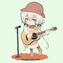Rule 34 | 1girl, :&gt;, acoustic guitar, blue ribbon, boots, brown footwear, buttons, closed mouth, commentary request, copyright name, grey background, grey eyes, grey hair, guitar, hair ribbon, hat, instrument, konno junko, microphone, microphone stand, music, playing instrument, ribbon, short hair with long locks, simple background, solo, yoruniyoruyoshi, zombie land saga