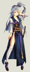 Rule 34 | 1girl, ankle boots, arm ribbon, belt, belt buckle, blonde hair, boots, breasts, brown footwear, buckle, cleavage, corset, dress, grey hair, hair between eyes, hand on own face, hand to head, hand up, highres, katana, long dress, long hair, long sleeves, medium breasts, natsuhara, original, purple ribbon, ribbon, rubbing eyes, sheath, sheathed, side ponytail, side slit, skirt, solo, sword, thighhighs, weapon, white thighhighs