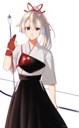 Rule 34 | 1girl, alternate costume, archery, arrow (projectile), bad id, bad pixiv id, black hakama, bow (weapon), fate/grand order, fate (series), gloves, grey hair, hair between eyes, hair ribbon, hakama, hakama skirt, highres, holding, holding arrow, japanese clothes, kyuudou, long hair, looking at viewer, muneate, partially fingerless gloves, partly fingerless gloves, ponytail, red eyes, red ribbon, ribbon, signature, simple background, skirt, smile, solo, sufia, tasuki, tomoe gozen (fate), weapon, white background, yugake