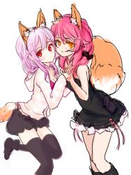 Rule 34 | 10s, 2girls, animal ears, black legwear, cosplay, costume switch, crossover, drawfag, fate/extra, fate (series), fox ears, fox tail, guilty crown, hair ornament, highres, long hair, looking at viewer, multiple girls, official alternate costume, pink hair, red eyes, tail, tamamo (fate), tamamo no mae (fate/extra), tamamo no mae (fate/extra) (cosplay), tamamo no mae (spring casual) (fate), thighhighs, twintails, yuzuriha inori