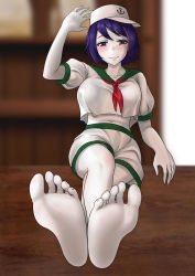 Rule 34 | 1girl, absurdres, bare legs, barefoot, blue eyes, blue hair, blush, breasts, cookie (touhou), feet, foot focus, hat, highres, large breasts, looking at viewer, milk (cookie), no shoes, oirin, sailor hat, short hair, short sleeves, smile, soles, solo, toes, white hat