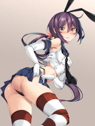 Rule 34 | 1girl, akebono (kancolle), ass, bell, black bow, black panties, blue skirt, blush, bow, closed mouth, commentary request, cosplay, elbow gloves, gloves, gradient background, hair bell, hair between eyes, hair ornament, highleg, highleg panties, highres, kantai collection, lips, long hair, looking at viewer, microskirt, miniskirt, navel, panties, purple eyes, purple hair, sailor collar, shimakaze (kancolle), shimakaze (kancolle) (cosplay), side ponytail, simple background, skirt, solo, standing, striped clothes, striped thighhighs, thighhighs, thighs, torisan, twintails, underwear, very long hair, white gloves
