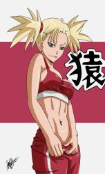 Rule 34 | 1girl, bleach, blonde hair, brown eyes, highres, midriff, navel, sarugaki hiyori, simple background, solo, stomach, tank top, track suit, translated, twintails