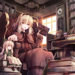 Rule 34 | 1girl, akashio (loli ace), alice margatroid, alternate color, alternate costume, alternate eye color, apron, blonde hair, book, book stack, bookshelf, bow, brown dress, brown eyes, capelet, chair, chandelier, clock, curtains, dress, grimoire, grimoire of alice, hair bow, looking at viewer, open mouth, sash, shanghai doll, sitting, sunset, touhou, waist apron, window