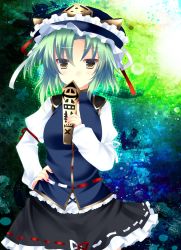 Rule 34 | &gt;:&lt;, 1girl, :&lt;, ajiriko, bad id, bad pixiv id, brown eyes, closed mouth, gradient background, green hair, hand on own hip, hat, highres, holding, looking at viewer, rod of remorse, shiki eiki, short hair, solo, touhou, v-shaped eyebrows