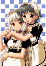 Rule 34 | 00s, 2girls, :d, alternate costume, apron, black dress, black hair, blonde hair, blush, brown eyes, checkered background, chii, chobits, choker, clamp, dress, frills, hair tubes, hairband, hug, hug from behind, long hair, looking at viewer, maid, maid apron, maid headdress, multiple girls, oomura yumi, open mouth, parted lips, short hair, short sleeves, simple background, smile, teeth, underbust, upper body, very long hair