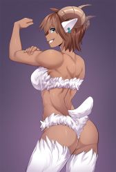 Rule 34 | 1girl, animal ears, aqua eyes, ass, bad id, bad tumblr id, bare arms, bare shoulders, breasts, brown hair, commentary, curled horns, dark-skinned female, dark skin, english commentary, flexing, fur, grin, highres, horizontal pupils, horns, iwbitu, looking at viewer, medium breasts, muscular, muscular female, original, sheep ears, sheep girl, sheep horns, sheep tail, short hair, simple background, smile, solo, tail, teeth, white fur