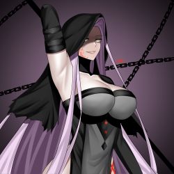 Rule 34 | 1girl, armpits, arms up, blood, blood on face, breasts, chain, collar, elbow gloves, fate/grand order, fate/stay night, fate (series), gloves, grin, highres, large breasts, long hair, medusa (fate), medusa (lancer alter) (fate), medusa (rider) (fate), purple hair, smile, solo, square pupils, veil, very long hair, yellow eyes, zinfian