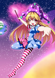 Rule 34 | 1girl, absurdres, american flag dress, american flag legwear, american flag print, american flag shirt, blonde hair, blush, clownpiece, collar, dress, earth (planet), eyebrows, fairy wings, fire, foreshortening, frilled collar, frilled shirt collar, frills, hat, highres, jester cap, koissa, long hair, looking at viewer, open mouth, pantyhose, planet, polka dot, print shirt, red eyes, shirt, short dress, short sleeves, solo, space, torch, touhou, very long hair, wings
