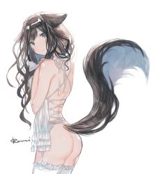 Rule 34 | 1girl, animal ears, artist name, ass, babydoll, backlighting, black eyes, black hair, blush, closed mouth, frilled thighhighs, frills, garter belt, kururi, lingerie, long hair, looking at viewer, looking back, shirokuma tensei, signature, simple background, solo, tail, thighhighs, thighs, underwear, wavy hair, white background, white thighhighs
