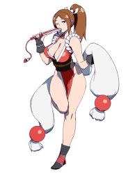 Rule 34 | 1girl, black gloves, black legwear, breasts, brown eyes, brown hair, cleavage, folded fan, commentary, fan to mouth, fatal fury, fingerless gloves, folding fan, full body, gloves, hair ribbon, hand fan, high ponytail, holding, holding fan, japanese clothes, large breasts, leg up, legs, looking at viewer, medium hair, narrow waist, ninja, no panties, one eye closed, onsen tamago (hs egg), pelvic curtain, ponytail, revealing clothes, ribbon, shiranui mai, simple background, snk, solo, standing, standing on one leg, tabi, the king of fighters, thighs, white background, white ribbon, wink