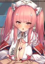 Rule 34 | 1boy, 1girl, absurdres, ahoge, azur lane, bar censor, blush, breasts, breasts squeezed together, censored, choker, cleavage, collared dress, cum, cum on body, cum on breasts, cum on upper body, cumdrip, dress, ejaculation between breasts, facial, gloves, grabbing own breast, hair ornament, half gloves, hat, hetero, highres, indoors, large breasts, long hair, looking at viewer, male pubic hair, momo no sukebe, nurse, nurse cap, open mouth, paizuri, paizuri under clothes, penis, perseus (azur lane), perseus (unfamiliar duties) (azur lane), pink eyes, pink gloves, pink hair, pov, pubic hair, solo focus, twintails, very long hair, white dress, white headwear, x hair ornament