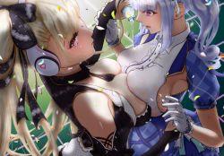 Rule 34 | 2girls, alternate costume, artist request, azur lane, bare shoulders, between breasts, black bow, black dress, blonde hair, bottle, bow, breast press, breasts, center frills, cleavage, dido (azur lane), dido (muse) (azur lane), dress, formidable (azur lane), framed breasts, frilled cuffs, frills, gloves, hair bow, headphones, idol, idol clothes, large breasts, long hair, multiple girls, purple eyes, purple hair, see-through, short sleeves, sideboob, symmetrical docking, twintails, very long hair, water, water bottle, wet, wet clothes, white gloves, wrist cuffs