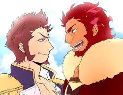 Rule 34 | 2boys, backlighting, beard, blue eyes, brown hair, cape, chako nejio, close-up, collar, couple, cropped shoulders, eye contact, facial hair, fate/grand order, fate/zero, fate (series), flat color, from side, fur-trimmed cape, fur trim, goatee, iskandar (fate), long sideburns, looking at another, male focus, manly, military, military uniform, multiple boys, napoleon bonaparte (fate), open mouth, red cape, red eyes, red hair, rivalry, short hair, sideburns, simple background, smile, teeth, uniform, upper body