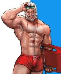 Rule 34 | 1boy, abs, alternate costume, armpit hair, bara, baywatch, blue eyes, chest hair, eyebrows, eyewear on head, grin, large pectorals, lifeguard, male focus, male swimwear, manly, muscular, one-eyed, one-piece swimsuit, overwatch, overwatch 1, pectorals, red male swimwear, red one-piece swimsuit, reinhardt (overwatch), scar, scar across eye, scar on face, smile, solo, sunglasses, surfboard, swim trunks, swimsuit, thick thighs, thighs, whistle, yy6242