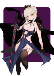 Rule 34 | 1girl, absurdres, artoria pendragon (alter swimsuit rider) (fate), artoria pendragon (alter swimsuit rider) (third ascension) (fate), artoria pendragon (fate), bare shoulders, black coat, black gloves, black thighhighs, blonde hair, blue dress, blush, braid, breasts, cleavage, clothing cutout, coat, coat on shoulders, dress, excalibur morgan (fate), fate/grand order, fate (series), french braid, gloves, hair bun, highres, long hair, long sleeves, looking at viewer, medium breasts, navel, navel cutout, open clothes, open coat, sidelocks, solo, sword, thighhighs, thighs, tiara, ura illust, weapon, yellow eyes