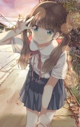 Rule 34 | 1girl, backpack, bag, blue skirt, brown hair, closed mouth, commentary request, green eyes, hair intakes, hand on own knee, heart, heart in eye, lens flare, long hair, looking at viewer, original, outdoors, ozzzzy, pleated skirt, randoseru, road, skirt, smile, solo, symbol in eye, twintails, w