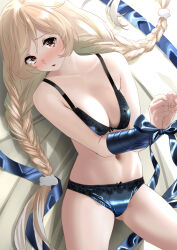 Rule 34 | 1girl, absurdres, alternate costume, bare shoulders, bdsm, black bra, black panties, blue ribbon, blush, bondage, bound, bra, braid, breasts, cleavage, cloud hair ornament, commission, highres, kantai collection, light brown hair, long hair, looking at viewer, low twin braids, lying, medium breasts, minegumo (kancolle), on back, open mouth, panties, pixiv commission, red eyes, ribbon, ribbon bondage, satin bra, satin panties, tama (tamago), twin braids, underwear, underwear only, very long hair