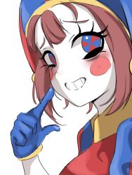 Rule 34 | 1girl, absurdres, blue eyes, blue gloves, blue hat, blush stickers, brown hair, colored skin, commentary, gloves, grin, hat, hat bell, highres, jester cap, looking at viewer, pointing, pointing at self, pomni (the amazing digital circus), red eyes, short hair, simple background, smile, solo, striped clothes, striped headwear, teeth, the amazing digital circus, two-tone eyes, two-tone headwear, upper body, white background, white skin, yhs040626